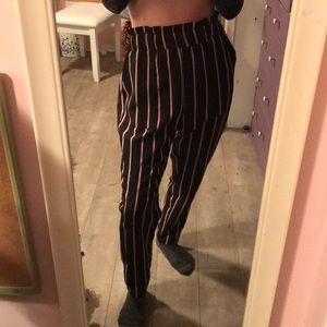 Red and White Pinstripe Black Pants